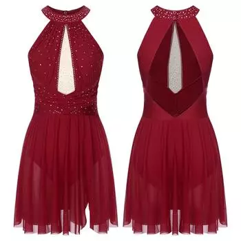 Женский блестящий костюм для лирического танца со стразами, балетный танцевальный струящийся шифоновый трико, юбка, современная танцевальная одежда с открытой спиной S бордовый