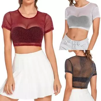 Женский блестящий прозрачный сетчатый топ больших размеров с короткими рукавами M чёрный