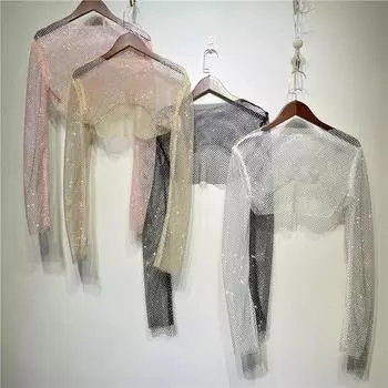 Женский блестящий разноцветный сетчатый топ со стразами Y2K, предотвращающий купание в шалях с кристаллами и длинными рукавами, сексуальный клубный короткий укороченный топ для вечеринок One Size шампанского