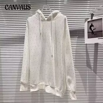 Женский блестящий свободный пуловер больших размеров с капюшоном и длинными рукавами L белый