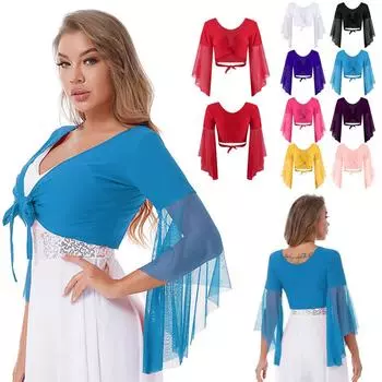 Женский блестящий топ на шнуровке с кисточками для танца живота, кружевной топ с расклешенными рукавами 3/4, шаль, укороченные топы, танцевальная одежда One Size чёрный