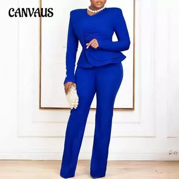 Женский блузочный комплект больших размеров на весну и осень, модный топ с рюшами и v-образным вырезом, длинными рукавами, длинные брюки, комплект из двух предметов S синий