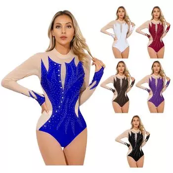 Женский боди для фигурного катания, блестящий купальник из прозрачной сетки со стразами и вырезом-замочной скважиной сзади для гимнастики XL бордовый