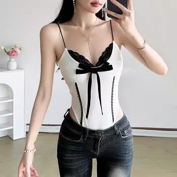 Женский боди Pure Desire Wind Lace Splicing Bowknot Clashing Spice Girls Sexy Backless V-образным вырезом с талией Hundred S белый