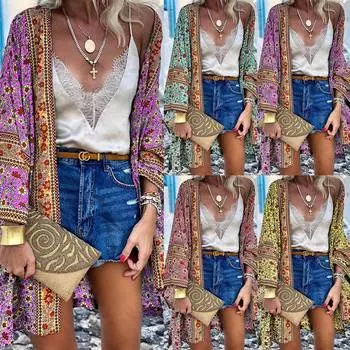 Женский богемный повседневный кардиган в стиле бохо с цветочным принтом, кимоно, шаль, пляжные топы S жёлтый