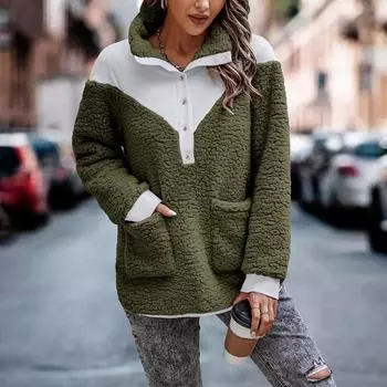 Женский большой флисовый свитшот на пуговицах контрастного цвета с карманами