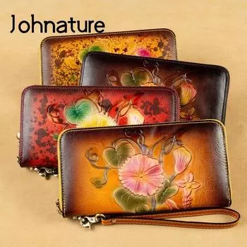 Женский большой клатч из натуральной кожи, кошелек ручной работы с тиснением, длинная молния, держатель для карт с цветочным принтом коричневый