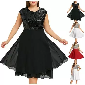 Женский большой размер, круглый вырез, сплошной цвет, шифон, блестки, без рукавов, молния, молния XXL чёрный