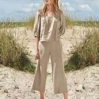 Женский большой размер однотонный деревенский винтажный брючный костюм из хлопка и льна для отдыха с длинным рукавом свободный хлопковый костюм S чёрный