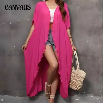 Женский большой размер Простой свободный асимметричный кардиган Пляжный праздничный бикини-накидка One size розы красного