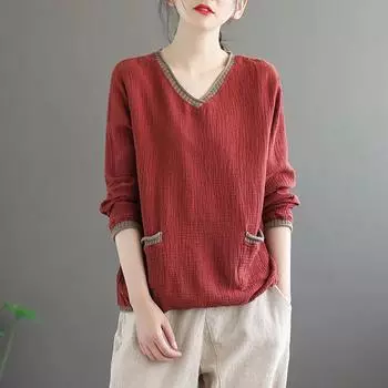 Женский большой размер с длинным рукавом и V-образным вырезом, повседневный, с длинным рукавом, свободный, в стиле ретро, с длинным рукавом в этническом стиле 3XL