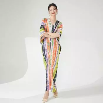 Женский большой размер.;s платье дизайн чувство V-образный вырез с принтом платье в праздничном стиле складка one size разноцветный