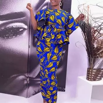 Женский большой размер, свободный топ с круглым вырезом, рюшами и короткими рукавами, пояс с цветочным принтом, длинная полуюбка, комплект из двух предметов 4XL оранжевый