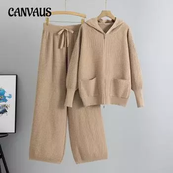 Женский большой размер, весенний новый вязаный свитер с капюшоном на молнии, клетчатый домашний костюм, комплект из двух предметов one size чёрный