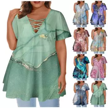Женский большой топ с круглым вырезом и принтом Свободный глубокий V-образный вырез Сексуальная трапеция с коротким рукавом XXXXL