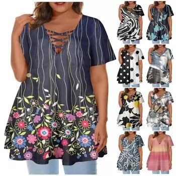 Женский большой топ с круглым вырезом и принтом Свободный глубокий V-образный вырез Сексуальная трапеция с коротким рукавом L