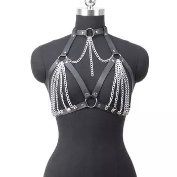 Женский бондаж подтяжки сексуальный бюстгальтер мягкий готический боди цепочка короткий топ клетка фетиш пояс для чулок карнавал One size чёрный