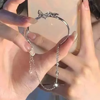 Женский браслет-цепочка с кисточкой Декор Половина браслета Открытие Регулируемая подвеска-бабочка Сплошной цвет Нержавеющая полированная Изысканный женский браслет на запястье серебряный