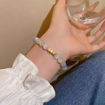 Женский браслет, гладкий искусственный опал, кулон со звездой, искусственный жемчуг, регулируемая удлиненная длина, зажим для омара, лесной стиль, женские наручные украшения, подарок на день рождения, браслет серебряный