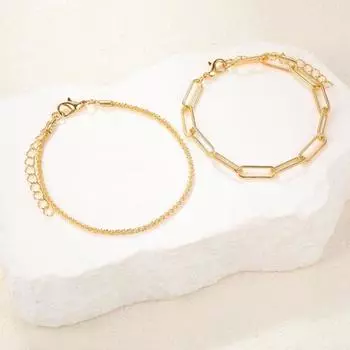 Женский браслет из 2 предметов, регулируемая длина, полая цепочка, сплошной цвет серебряный