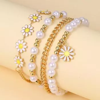Женский браслет из 4 шт., регулируемая длина цепочки, полый комплект из искусственного жемчуга с цветком