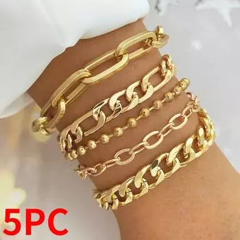 Женский браслет из 5 предметов, золотой ажурный браслет, элегантные вечерние украшения, геометрическое кольцо, пряжка-цепочка, многослойный браслет, женский комплект браслетов золотой
