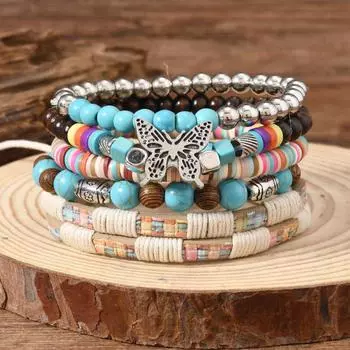 Женский браслет из бисера Винтажный кожаный браслет ручной работы в стиле бохо Модные аксессуары для мужчин на время отпуска Набор из 5 предметов