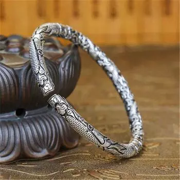 Женский браслет из чистого серебра S925, однотонный мужской открытый браслет в национальном стиле в стиле ретро, персонализированный серебряный подарок для влюбленных