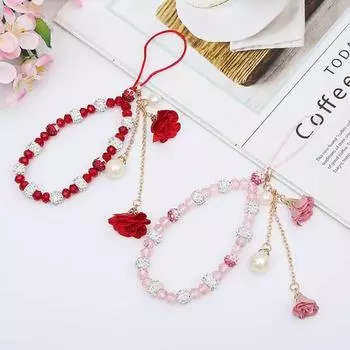 Женский браслет из искусственного хрусталя, браслет с подвеской, имитация декоративного жемчуга, короткий портативный женский ремешок из бисера для мобильного телефона красный
