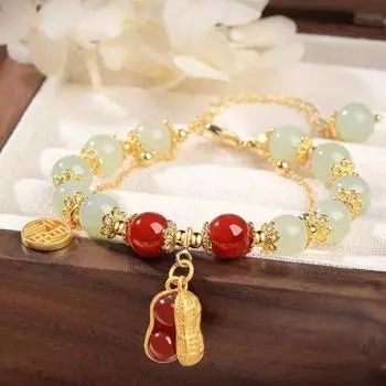 Женский браслет из искусственного нефрита с гладкими бусинами, листом, арахисовым орехом, подвеской на удачу, регулируемой длины, со стразами, женский браслет для выпускного вечера, повседневные украшения на запястье B