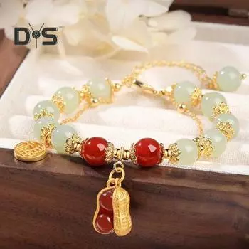 Женский браслет из искусственного нефрита с гладкими бусинами, листом, арахисовым орехом, подвеской на удачу, регулируемой длины, со стразами, женский браслет для выпускного вечера, повседневные украшения на запястье B