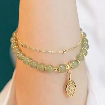 Женский браслет из искусственного нефрита с гладкой бусиной в виде листа и арахиса, подвеска на удачу, регулируемая