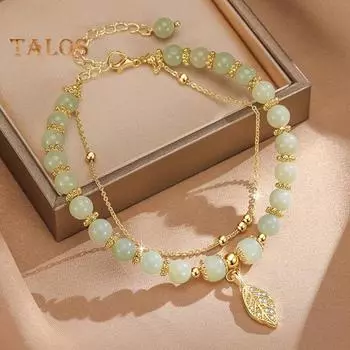 Женский браслет из искусственного нефрита с гладкой бусиной в форме листа, двухслойный, регулируемая длина, горный хрусталь, женский браслет, выпускной, повседневное украшение на запястье 1pc