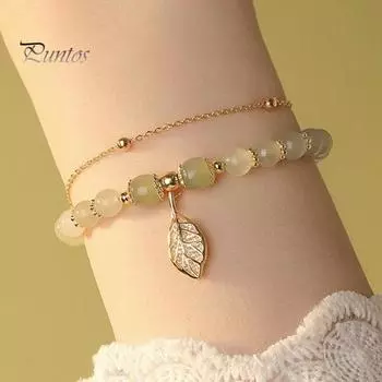 Женский браслет из искусственного нефрита с гладкой бусиной в форме листа, двухслойный, регулируемая длина, горный хрусталь, женский браслет, выпускной, повседневное украшение на запястье 1pc