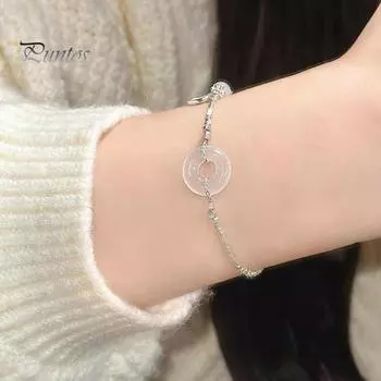 Женский браслет из искусственного нефрита с кнопкой безопасности, регулируемая длина, китайский браслет фэн-шуй, символ мира и счастья, ювелирные изделия на запястье серебряный