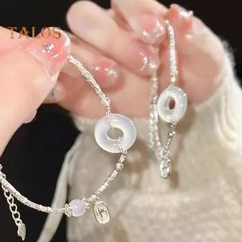 Женский браслет из искусственного нефрита с кнопкой безопасности, регулируемая длина, китайский браслет фэн-шуй, символ мира и счастья, ювелирные изделия на запястье серебряный