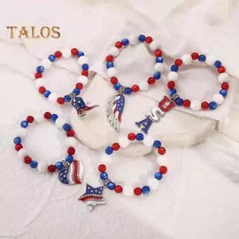 Женский браслет из искусственного опала, День независимости, письмо, сердце, звезда, кулон, американский национальный флаг, горный хрусталь, бусины, день гордости, женские наручные украшения Love Heart
