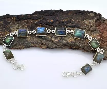 Женский браслет из лабрадорита, браслет из стерлингового серебра 925 пробы, браслет ручной работы 7.5 синий