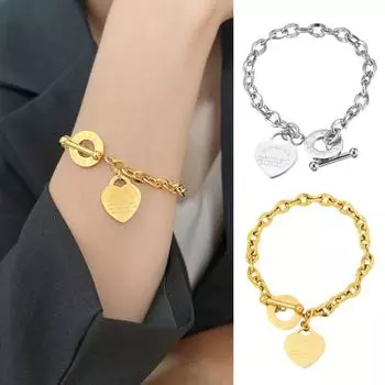 Женский браслет из нержавеющей цепи, кулон в форме сердца, титановая сталь, индивидуальная буквенная надпись, одноцветное гладкое изысканное ювелирное изделие на запястье серебряный