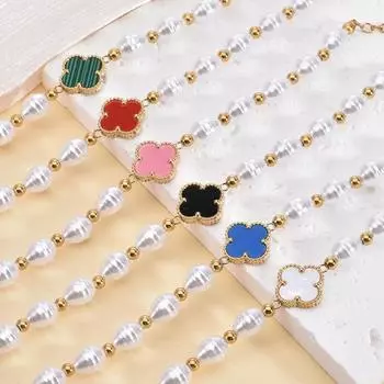 Женский браслет из нержавеющей стали с жемчугом и клевером белый