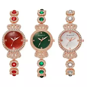Женский браслет из розового золота, женские кварцевые часы с короной и стразами, подарок для девочек зелёный