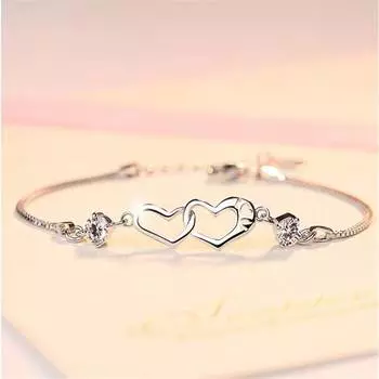 Женский браслет из серебра S925 с двойным сердцем и аметистом из белого золота