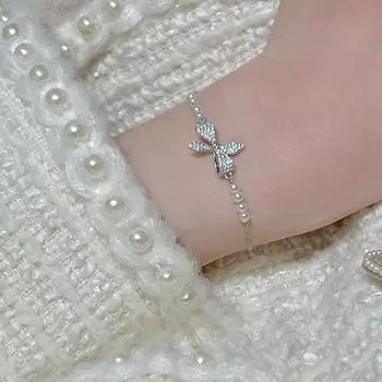 Женский браслет из стерлингового серебра 925 пробы с милым нишевым бриллиантом и жемчугом