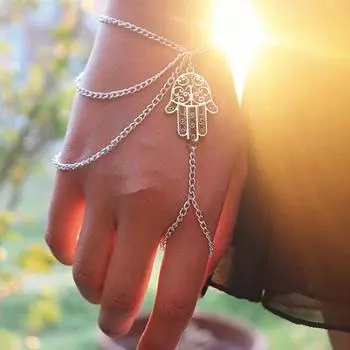 Женский браслет-кольцо на палец с хамсой, асимметричный браслет с цепочкой и кисточками