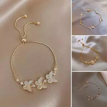 Женский браслет, кулон-бабочка, декор, легкий, регулируемая длина, из нержавеющей стали со стразами, кисточкой, зажимом-лобстером, женский зажим D