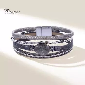 Женский браслет-манжета, четыре слоя, искусственный кристалл, стразы, ретро, искусственная кожа, магнитная застежка, браслет для девочек, модные ювелирные изделия, подарок серебряный