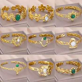 Женский браслет-манжета из искусственного зеленого камня из нержавеющей стали золотого цвета, женские винтажные ювелирные аксессуары 18