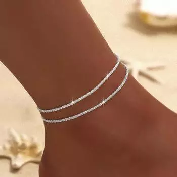 Женский браслет на щиколотку, двухслойный, блестящий, со стразами, регулируемая длина, простой стиль, украшение на щиколотку, ювелирные изделия, для вечеринки, пляжа, ежедневного подарка на годовщину серебряный