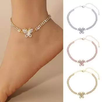 Женский браслет на щиколотку, двухслойный, блестящий, со стразами, регулируемая длина, украшение на щиколотку в виде бабочки, ювелирное изделие для вечеринки, пляжа, ежедневного подарка на день рождения золотистый