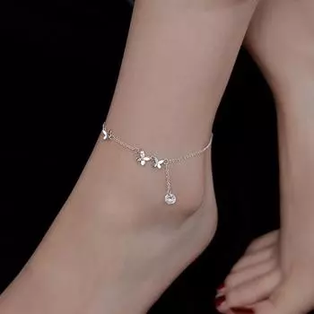 Женский браслет на щиколотку со стразами и бабочкой, регулируемая длина, цепочка с кисточками, полированная медь, леди
